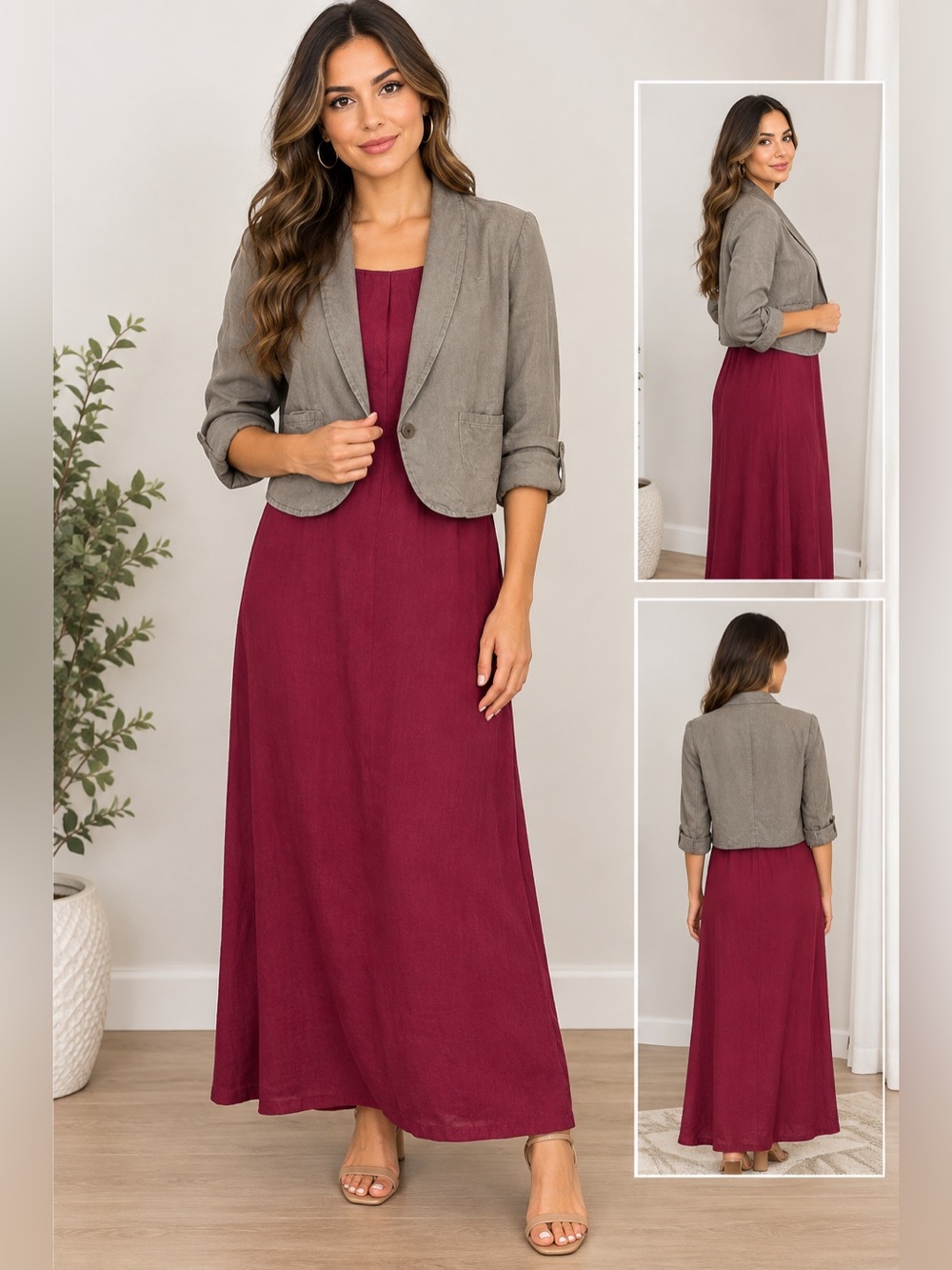 Anthropologie Taupe Cropped Blazer burgundy